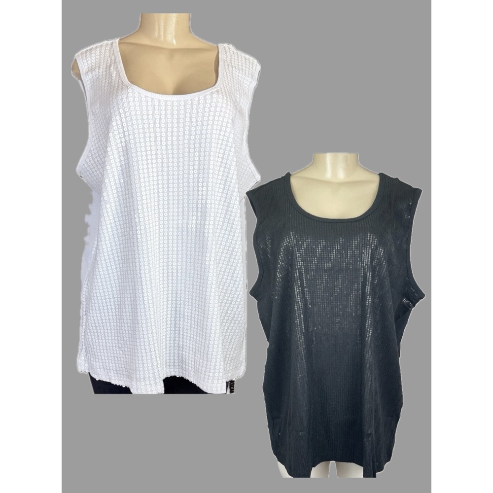 Denim 24/7 26/28 2X Lot of 2 White Black Sequin Tank Tops Ribbed Back Scoop Neck
